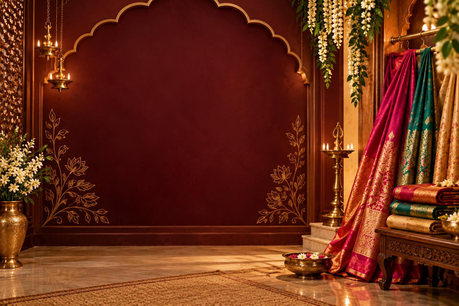 Traditional arch, glowing brass lamps, jasmine and jewel-coloured sarees